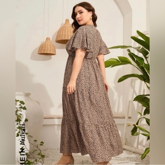 SHEIN Mulvari Plus Allover Print Butterfly Sleeve Ruffle Hem Dress Khaki‎ Color - Picture 2 of 5